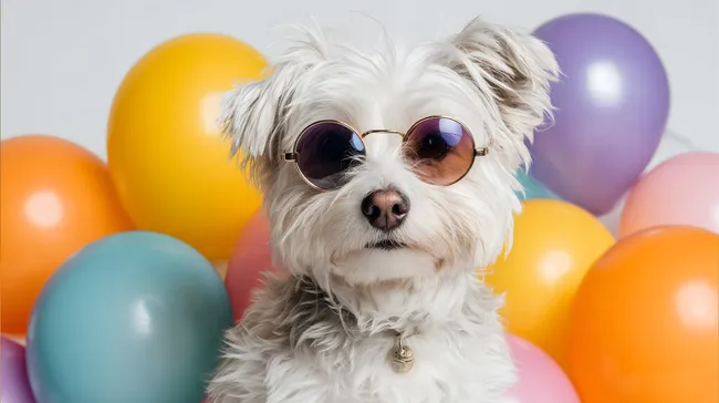 Niedlicher Hund mit Sonnenbrillen vor bunten Luftballons