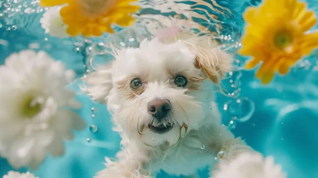 Niedlicher Hund schwimmt in Blumenblüten