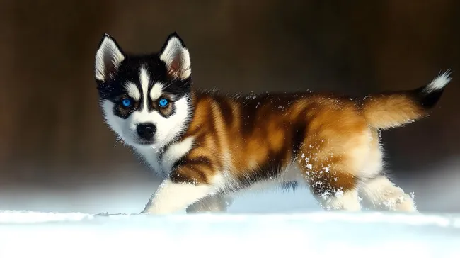 Niedlicher Husky-Welpe im Schnee mit blauen Augen