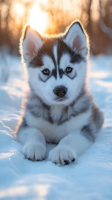 Niedlicher Husky-Welpe im Schnee mit strahlendem Blick