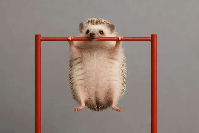 Niedlicher Igel an roter Turnstange hängend