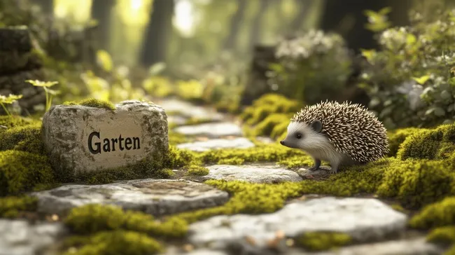 Niedlicher Igel auf Moos-Pfad im Garten