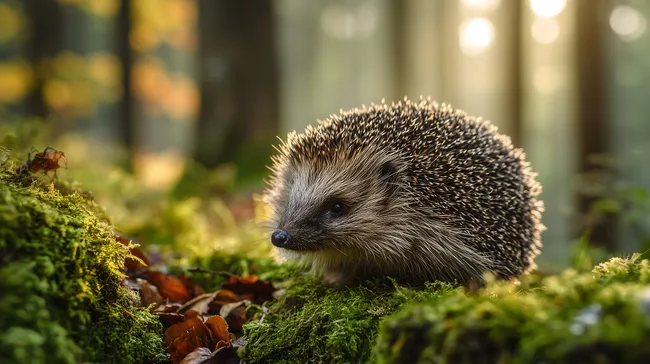 Niedlicher Igel im Waldmoos bei Sonnenschein