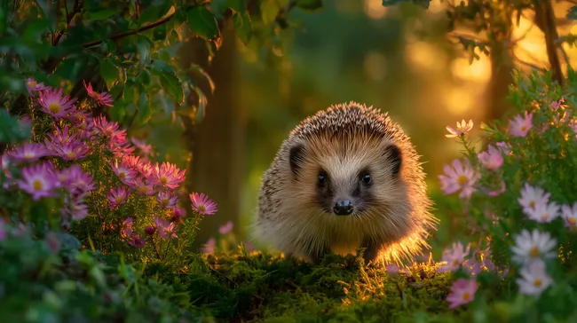 Niedlicher Igel in blühender Frühlingslandschaft