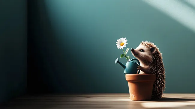 Niedlicher Igel mit Gießkanne und Blume im Tontopf