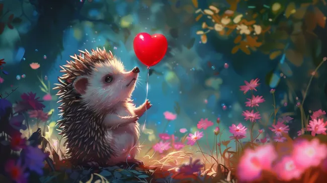Niedlicher Igel mit Herzballon in bunter Blumenlandschaft