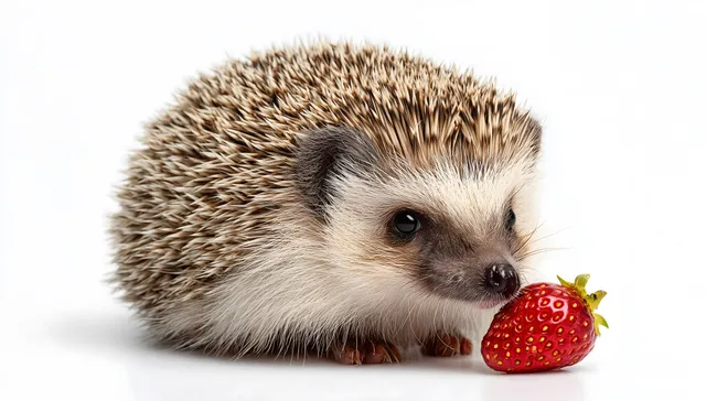 Niedlicher Igel mit roter Erdbeere auf weißem Hintergrund