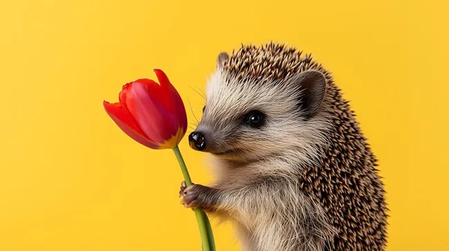 Niedlicher Igel mit roter Tulpe vor gelbem Hintergrund