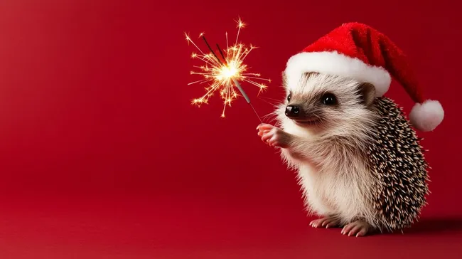 Niedlicher Igel mit Weihnachtsmütze und Wunderkerze vor rotem Hintergrund