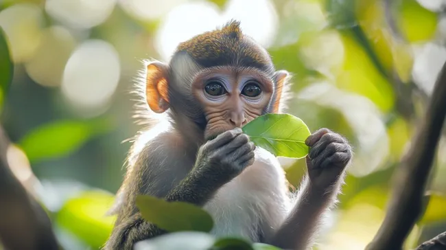 Niedlicher Javaneraffe mit grünem Blatt