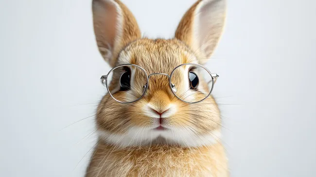 Niedlicher Kaninchen-Kopf mit Brille auf weißem Hintergrund