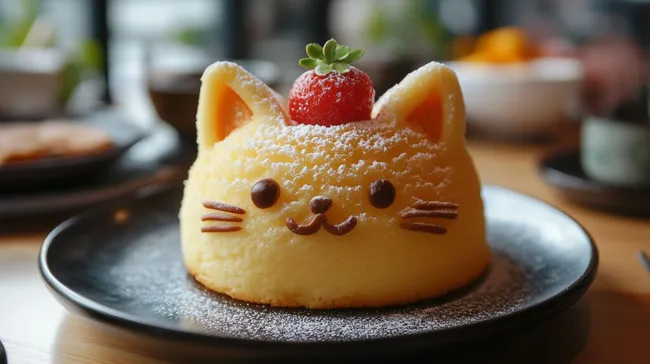 Niedlicher Katzenkopf-Kuchen mit Erdbeere