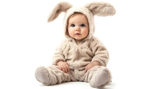 Niedlicher Kleinkind im flauschigen Hasenkostüm