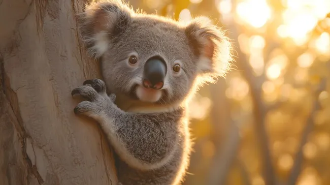 Niedlicher Koala klammert sich an Baum im sonnigen Eukalyptuswald