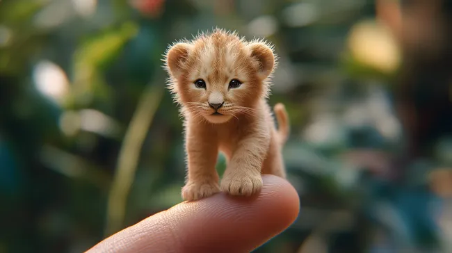 Niedlicher Löwenjunger auf menschlicher Fingerspitze