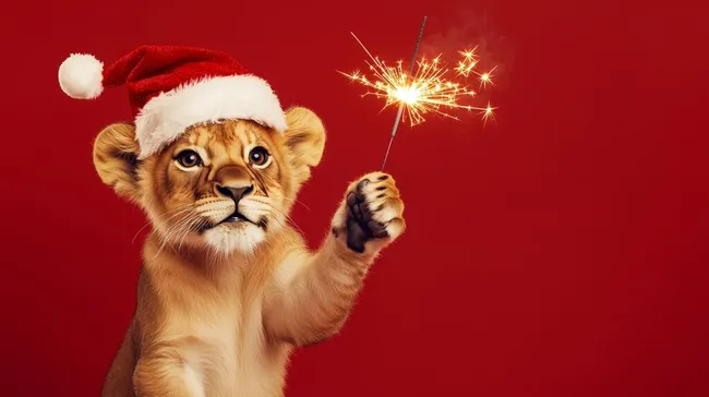 Niedlicher Löwenjunger im Weihnachtsoutfit mit Wunderkerze