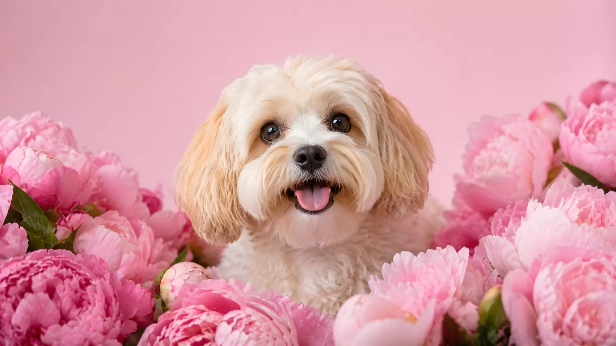Niedlicher Malteser-Mix zwischen rosa Pfingstrosenblüten