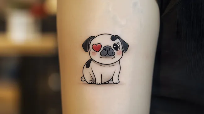 Niedlicher Mops-Cartoon mit Herz-Tattoo