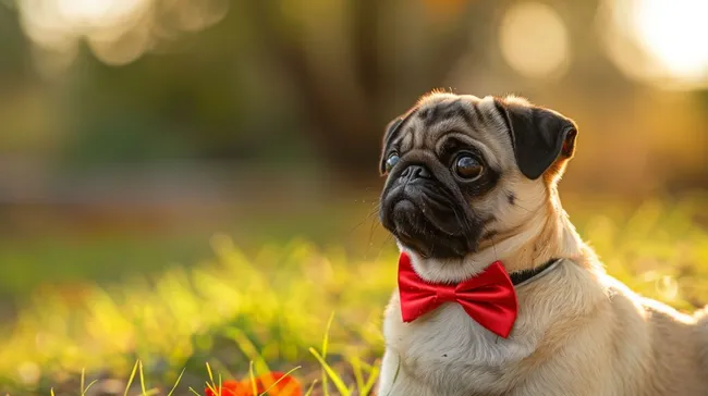 Niedlicher Mops mit roter Fliege im Gras