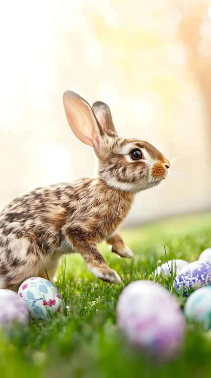 Niedlicher Osterhase auf Frühlingsfläche mit bunten Eiern