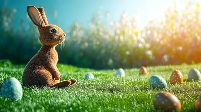 Niedlicher Osterhase auf grüner Wiese mit bunten Eiern