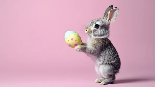 Niedlicher Osterhase hält bemaltes Ei auf rosa Hintergrund