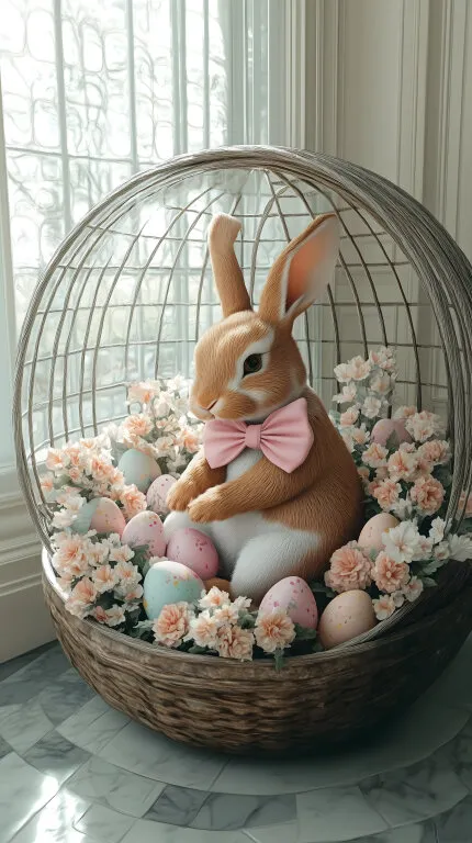 Niedlicher Osterhase in Blumen- und Eierdekoration