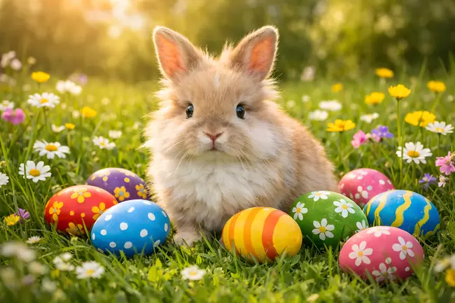 Niedlicher Osterhase in Blumenwiese