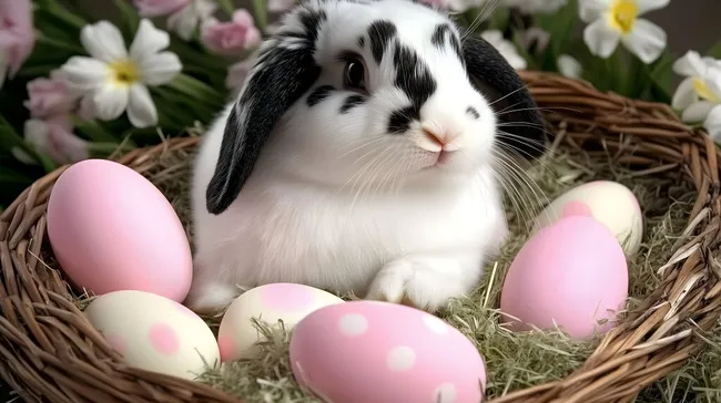 Niedlicher Osterhase in Nest mit rosa Eiern