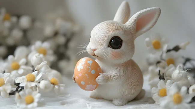 Niedlicher Osterhase mit bemaltem Ei in Frühlingsblumen