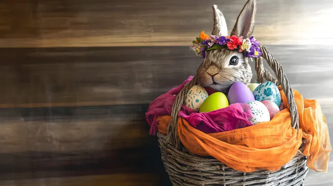 Niedlicher Osterhase mit Blumenkranz im Korb voller bunter Eier