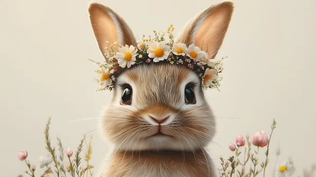 Niedlicher Osterhase mit Blumenkranz