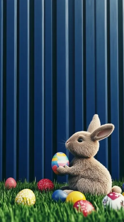 Niedlicher Osterhase mit buntem Ei auf Frühlingswiese