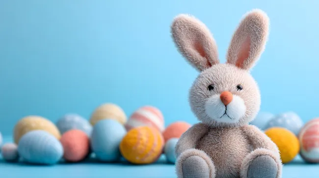 Niedlicher Osterhase mit bunten Eiern auf blauer Oberfläche