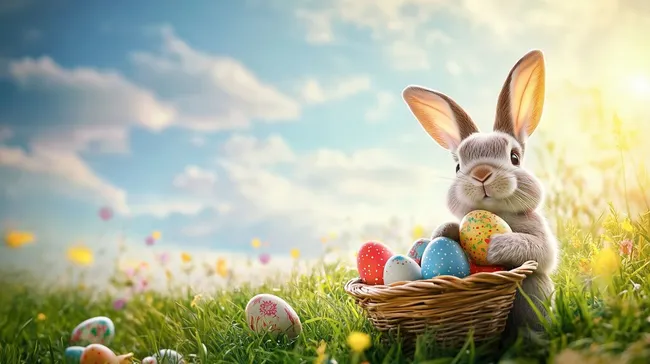 Niedlicher Osterhase mit bunten Eiern auf blühender Frühlingswiese