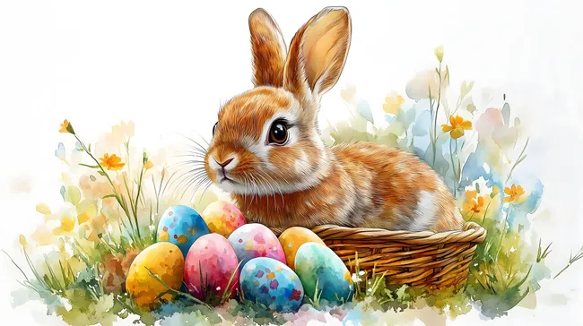 Niedlicher Osterhase mit bunten Eiern auf Frühlingswiese