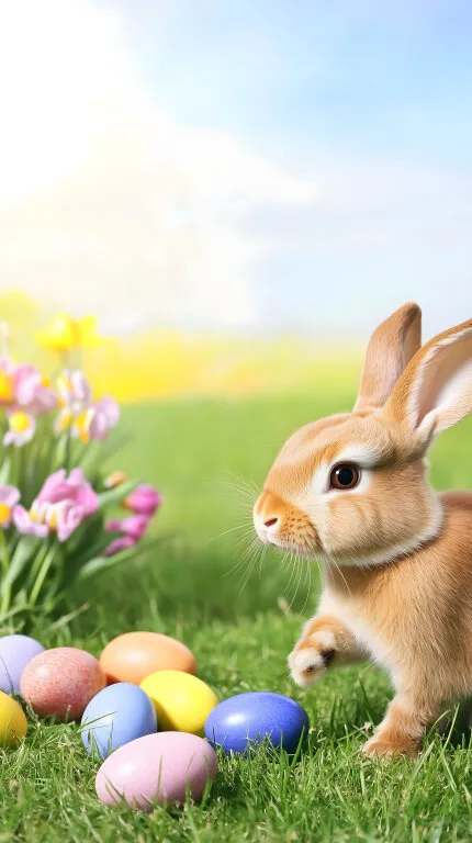 Niedlicher Osterhase mit bunten Eiern auf grüner Wiese