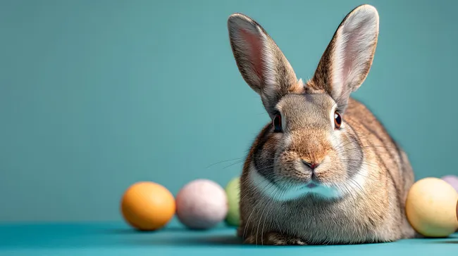 Niedlicher Osterhase mit bunten Eiern auf Türkis