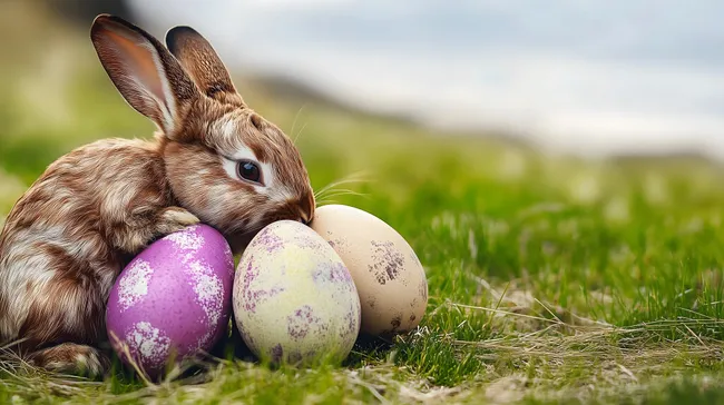 Niedlicher Osterhase mit bunten Eiern auf Wiese