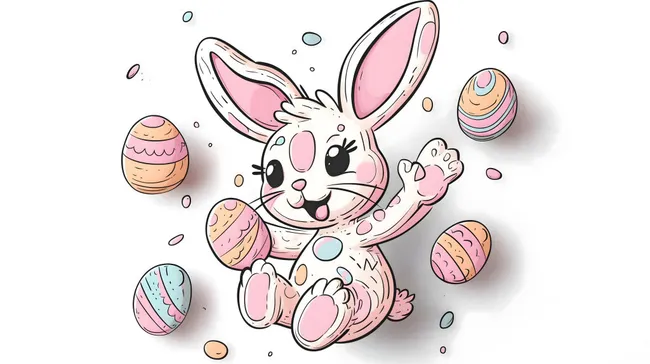 Niedlicher Osterhase mit bunten Eiern, Cartoon-Illustration