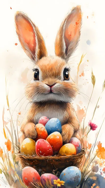 Niedlicher Osterhase mit bunten Eiern im Nest