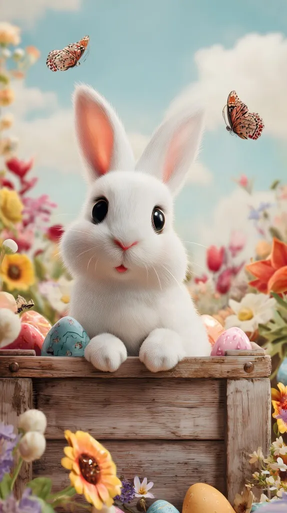 Niedlicher Osterhase mit bunten Eiern in blühender Frühlingslandschaft