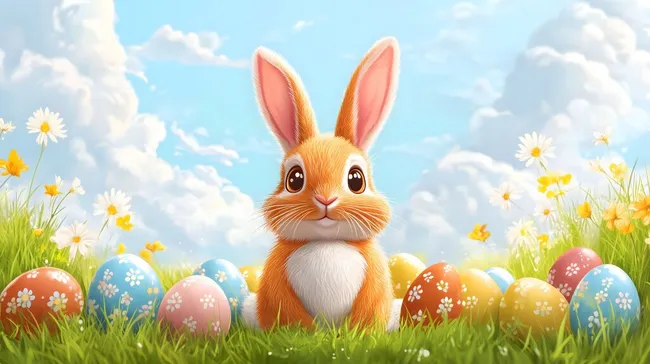 Niedlicher Osterhase mit bunten Eiern in Frühlingslandschaft