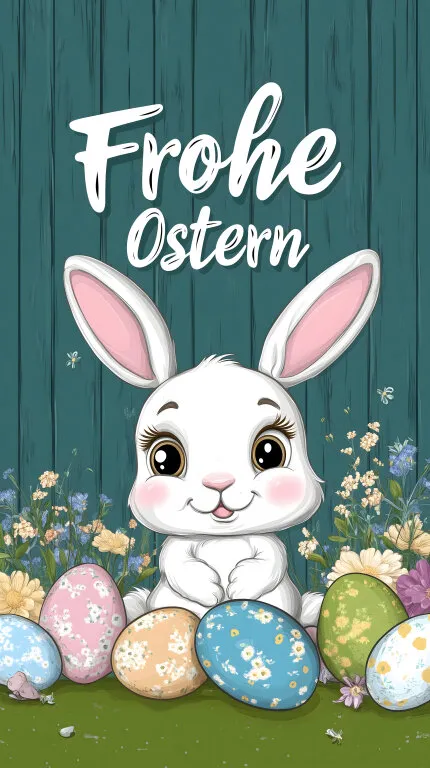 Niedlicher Osterhase mit bunten Eiern und Blumen