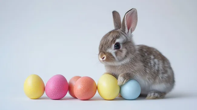 Niedlicher Osterhase mit bunten Eiern