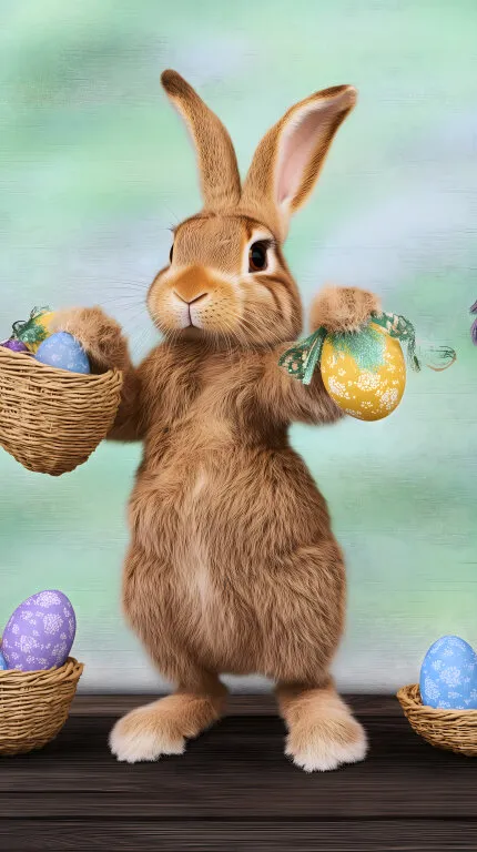 Niedlicher Osterhase mit bunten Ostereiern