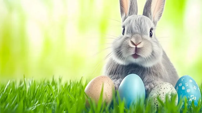 Niedlicher Osterhase mit Eiern auf grüner Wiese