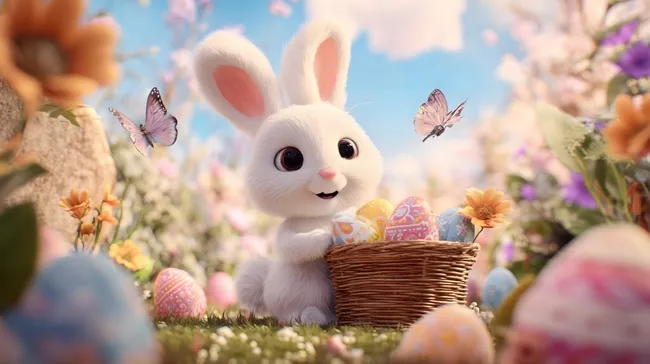 Niedlicher Osterhase mit Eiern und Schmetterlingen