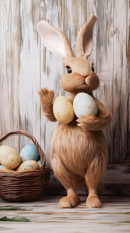 Niedlicher Osterhase mit gefärbten Eiern vor Holzwand