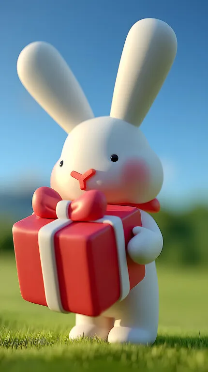 Niedlicher Osterhase mit Geschenkbox in Frühlingslandschaft